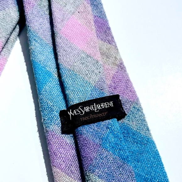 Vintage Yves Saint Laurent Tie Mens Plaid Wool Blend Heather Mist 90s Multicolor - Picture 3 of 4